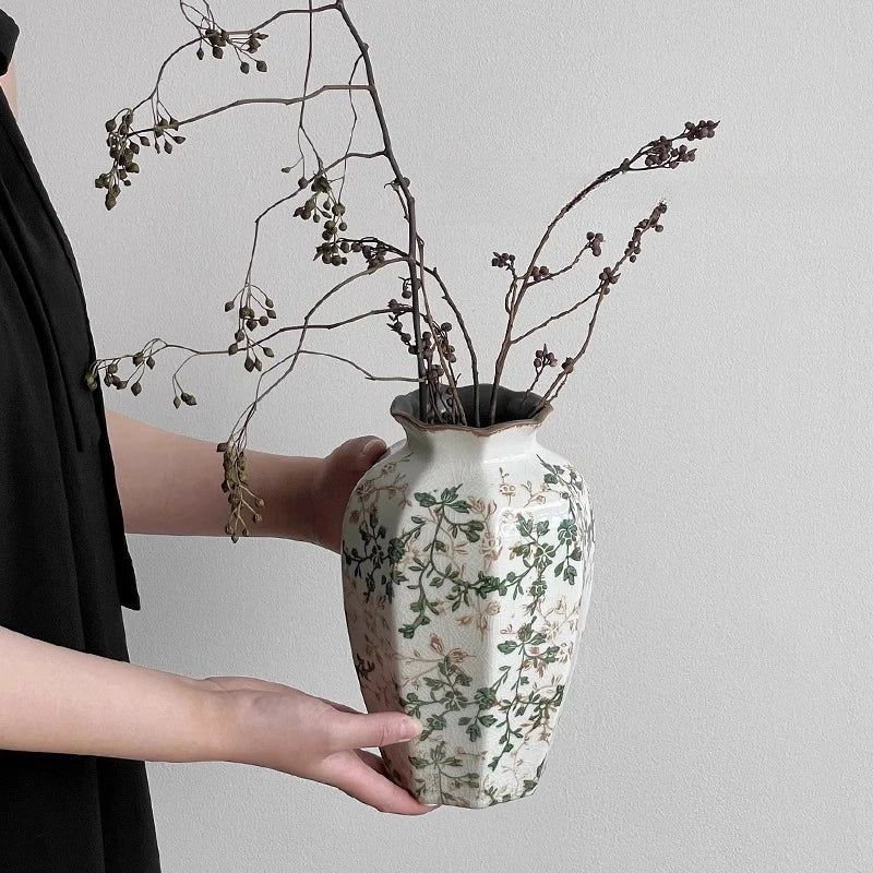 New Chinese pastoral green retro ceramic vase flower arrangement hydroponics living room dining table creative ornament