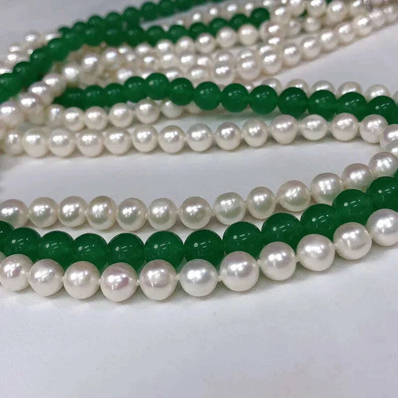 3rows freshwater pearl white near round 7-8mm &green jade round necklace 80cm