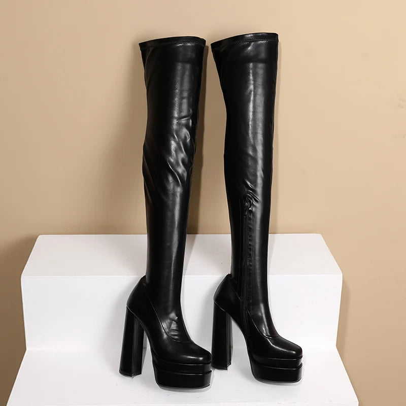 Square Toe Super High Three-Layer Platform Fashion Women's Over The Knee Boots Thick Heel Side Zipper Slip-On Plush Lining Boots