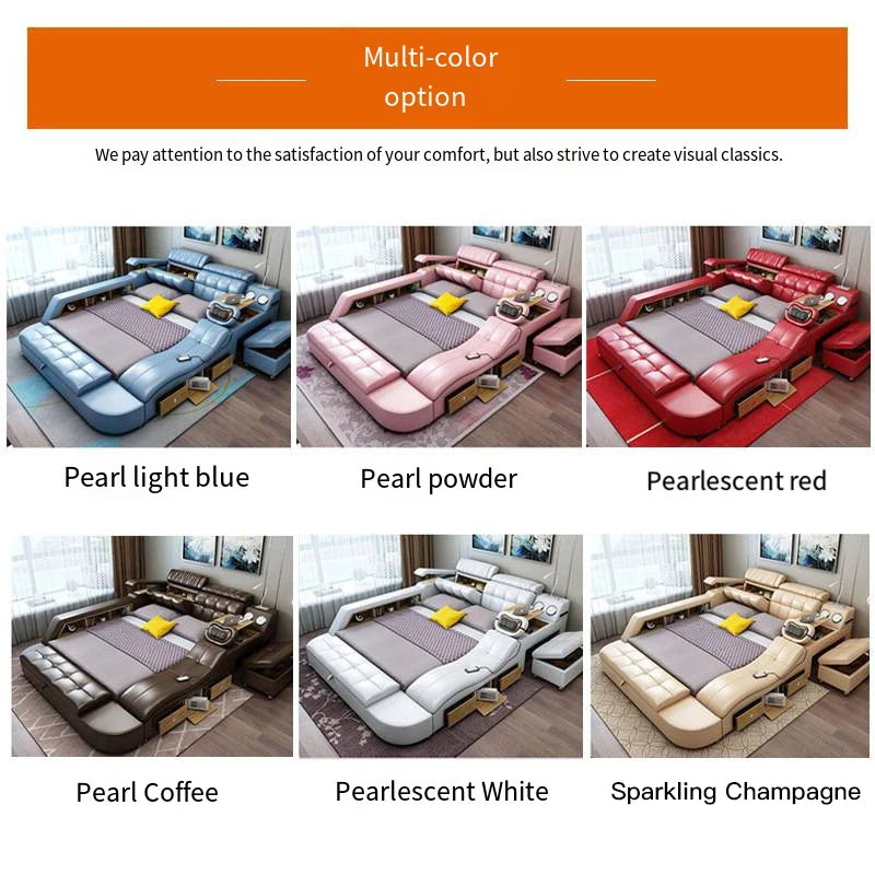 Leather Smart Bed King Size Sofa Multifunctional Queen Bed Bedroom Furniture Double Bed With Massager Lit 2 Places...