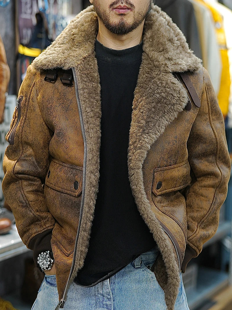 25AW Winter Shearling Trucker Jacket for Men Thermal Warm Thickened Suede Lambskin American Vintage Motorcycle Style Coats 4XL