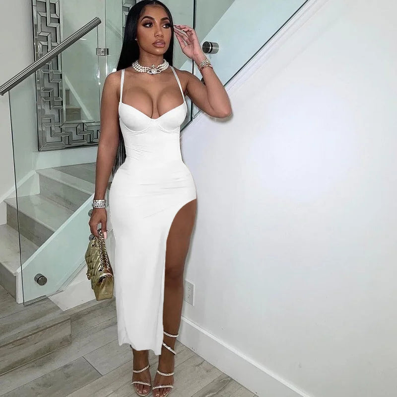 Sexy Spaghetti Strap High Split Party Dress Women Night Sleeveless Backless Slim Bodycon Maxi Dress Elegant Birthday Prom Dress