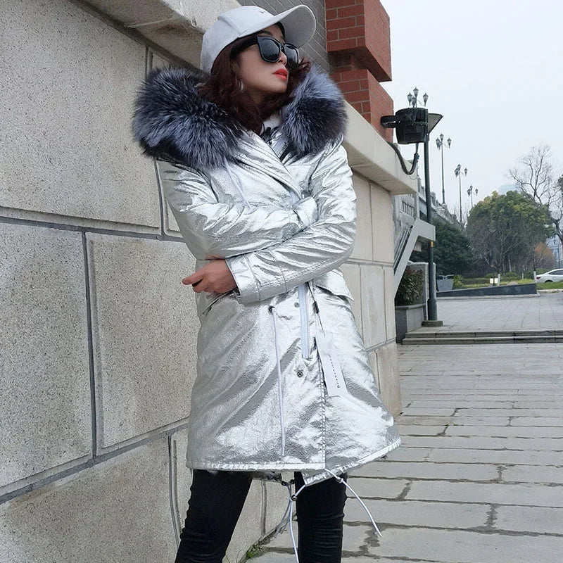 Maomaokong Winter Women's Fur Jacket Long Outdoor Tops Real Fox Fur Collar Inner Fur Lining Parka Natural Silver Fox Women Coat