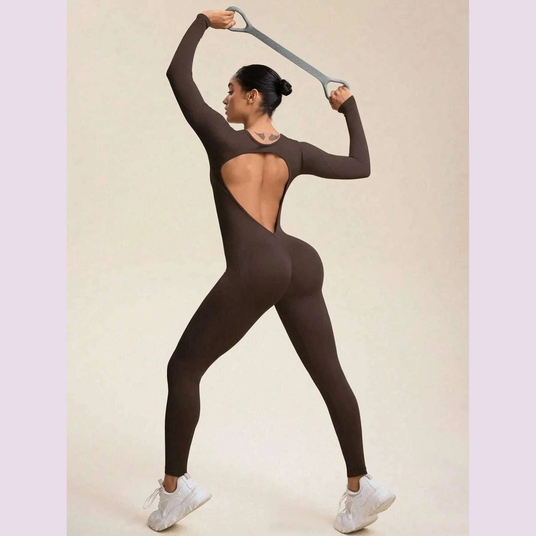 Women Jumpsuits Long Sleeve Sexy Backless Bodycon Rompers Scrunch Butt V Back Playsuit Workout Bodysuit