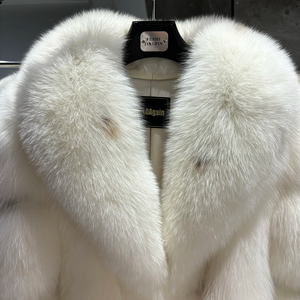 YOLOAgain Women's Luxury White Fox Fur Coat 2024 Winter Warm Real Fox Fur Jacket