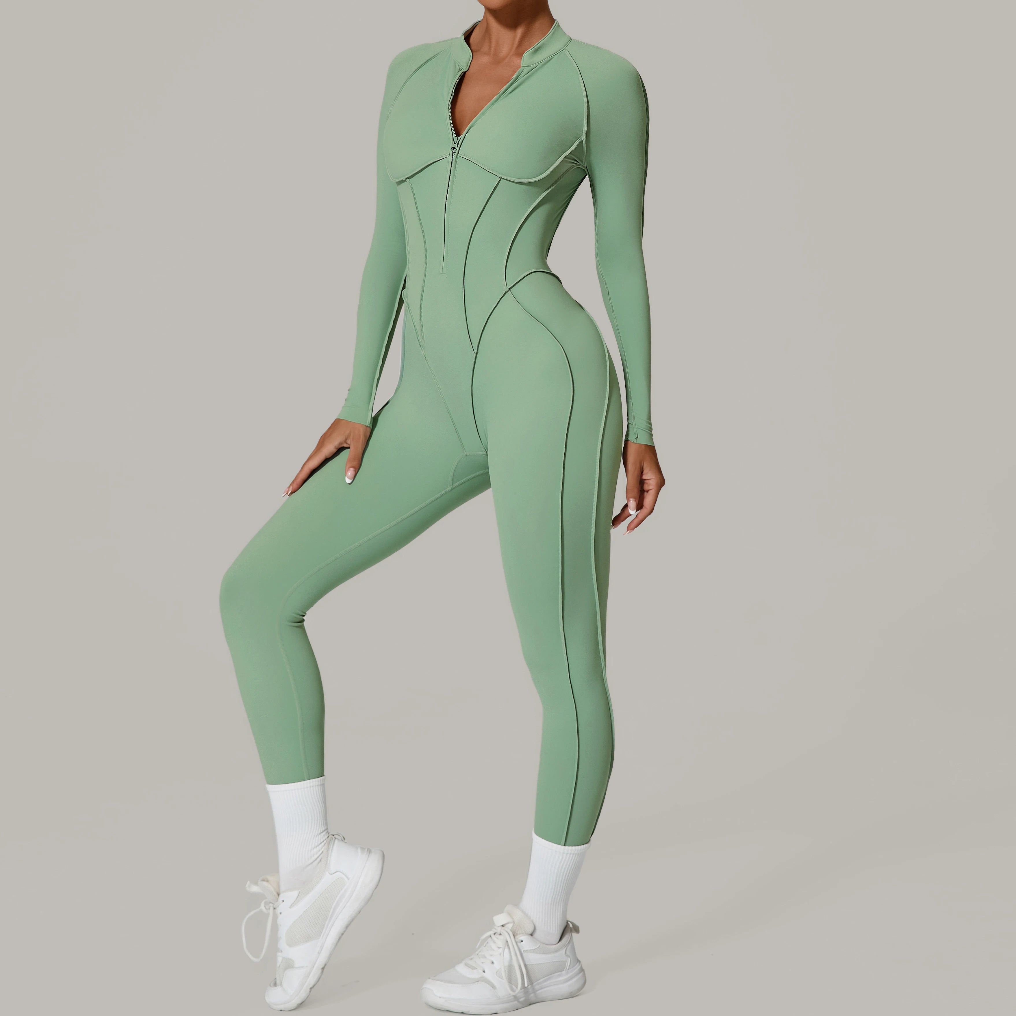 Padded Women Long Sleeve Sport Yoga Jumpsuit Workout Clothes for Women Sportwear Backless Zipper Fitness Gym Outfit