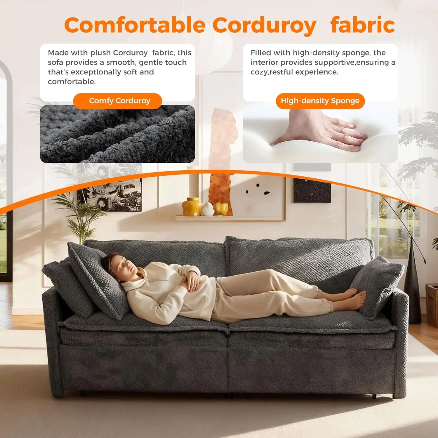 73in 3-in-1 Convertible Sofa Bed USB&C Ports Corduroy Sleeper with Side Pockets Living Room Bedroom Apartment Grey,...