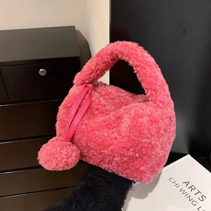 Handbag Women Faux Fur Plush Women's Bags Lady Shoulder Crossbody Bag Casual Tote Half-Moon Hobos Winter Bags for Women 2025 New