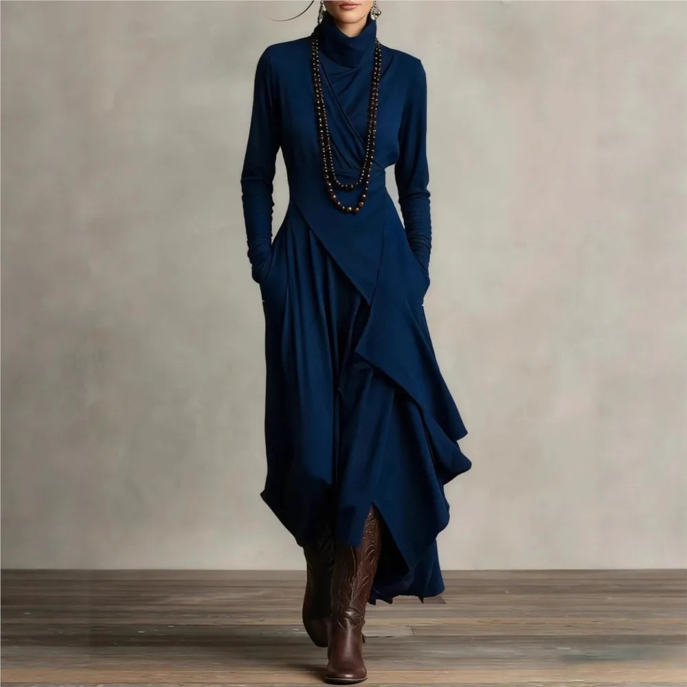 Irregular Dress Solid Color Long Sleeve Spring Autumn Women's New Cross High Neck Long Dress Vestidos Para Mujer Ropa Mujer