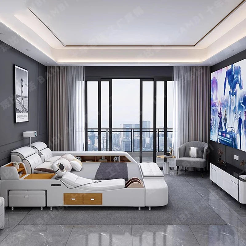 Beauty European Bed Simple Tatami Portable Multifunctional Children Mobile Bed Leather Double Wood Muebles Modern Furniture