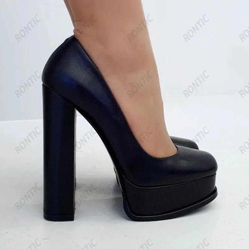 Rontic Handmade Women Spring Pumps Platform Chunky High Heels Round Toe Classic Black Party Shoes US Plus Size 5-20