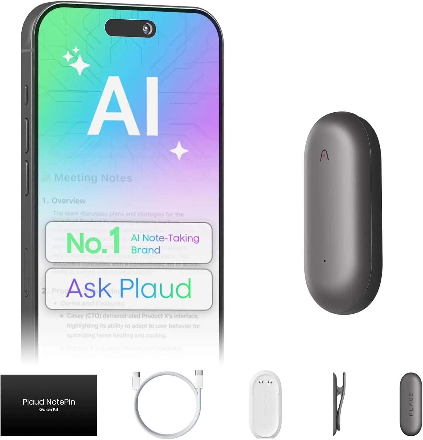 NotePin AI Voice Recorder, App Control, Transcribe & Summarize, 112 Languages, 64GB, Cosmic Gray