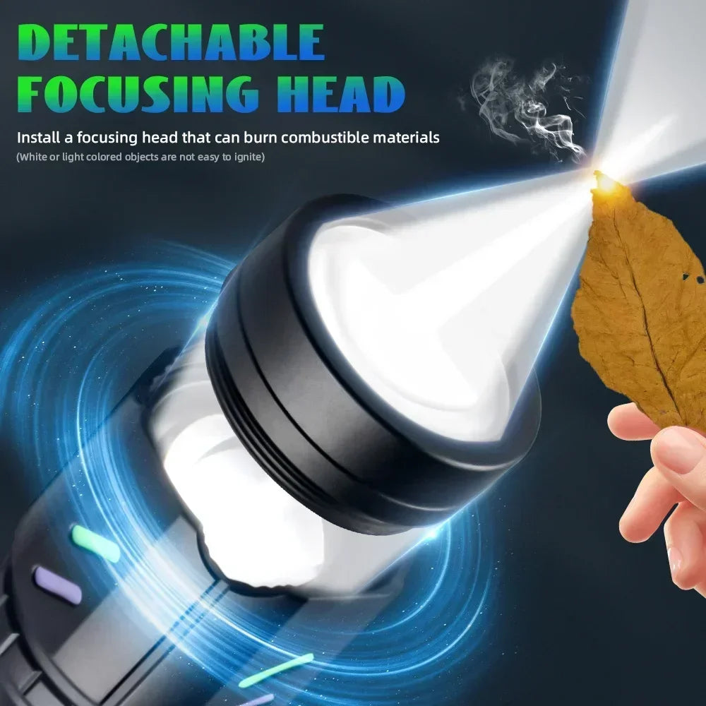 Bright LED White Laser Flashlight By 26650 Battery Zoom Tactical Torch with Ignition Lens for Outdoor Camping Emergency Lantern