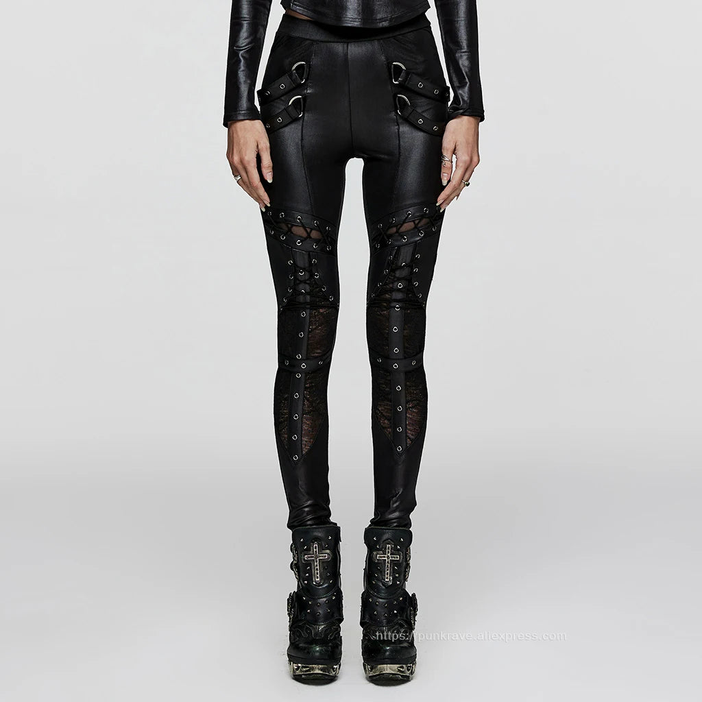PUNK RAVE Women's Punk Geometrically Divided Textured Knit & Spliced Basic Leggings Gothic Sexy Cross Trousers