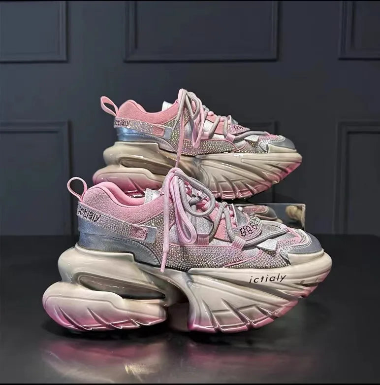 Women High Heels Platform Shoes Spring Crystal Fashion Luxury Designer Brand Chunky Sneakers Unique Design Real Leather Trendy