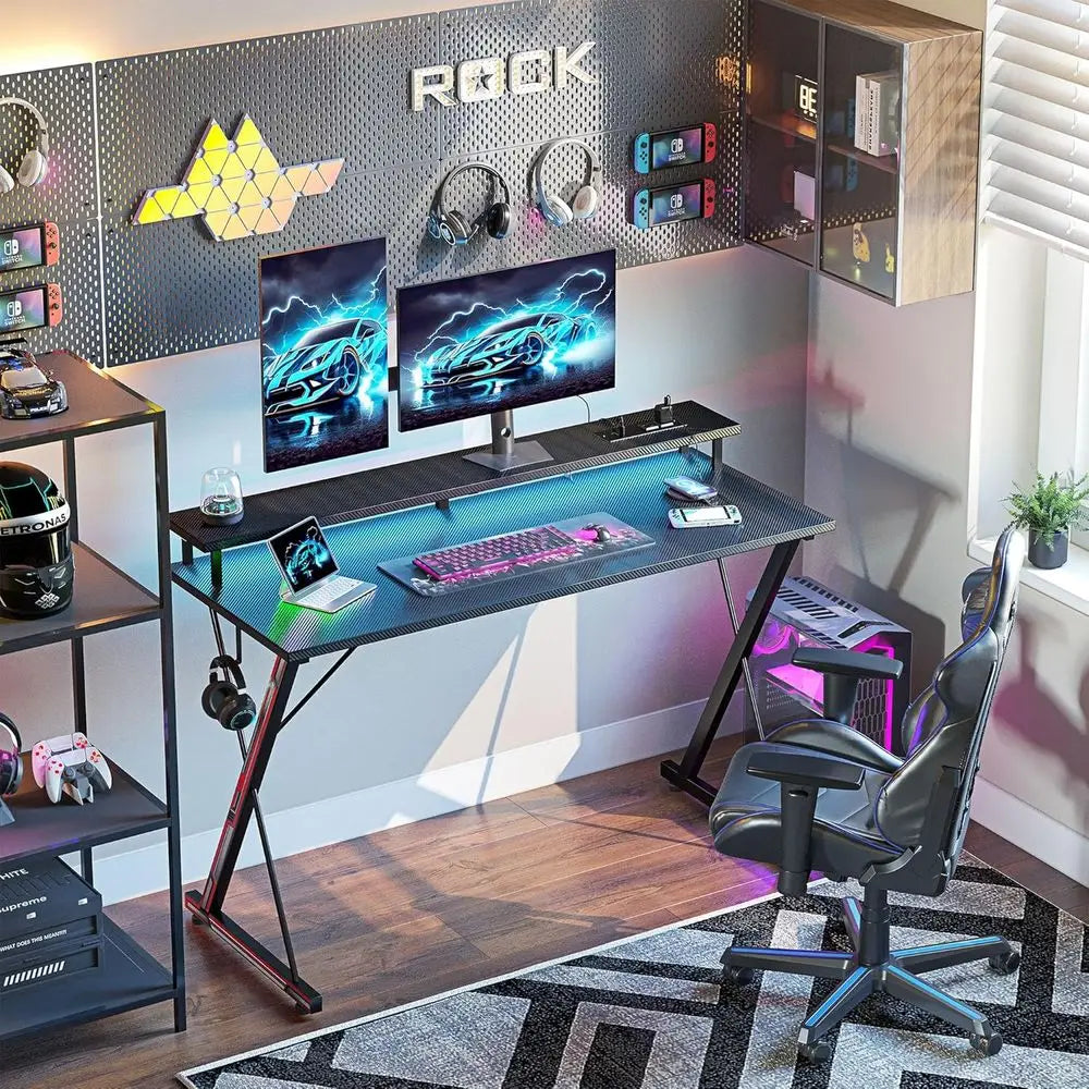 40 Ergonomic Carbon Fiber Gaming Desk with LED, Power Outlets, and Monitor Stand for PC Workstation or Bedroom