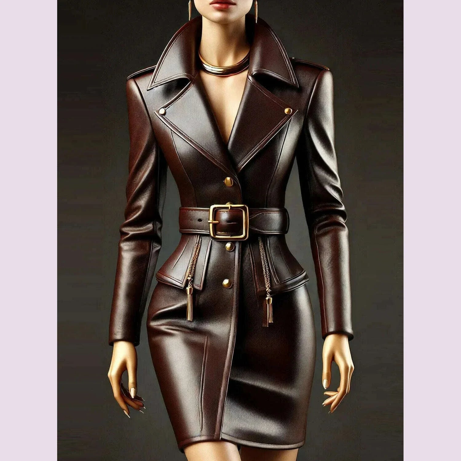 Women PU Leather Dress Lapel Collor Button Long Sleeve with Belt Chic Vintage Pockets Slim Elegant Office Lady Mini Dresses