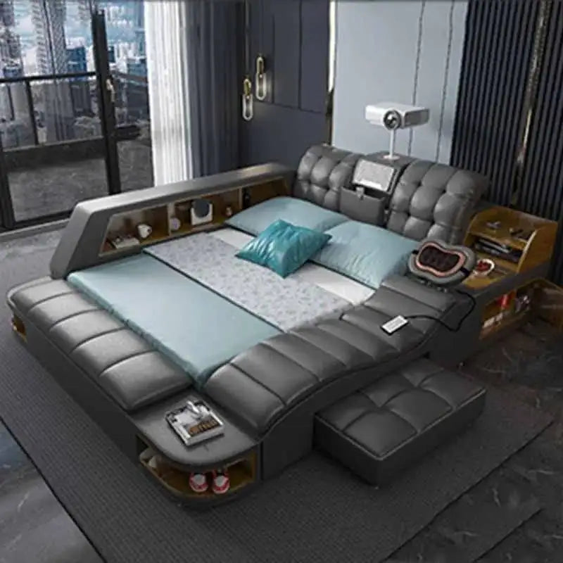 King Simple Double Bed Modern Headrest Storage Sleeping Queen Double Bed Smart Floor Luzko Wielofunkcyjne Furniture For...