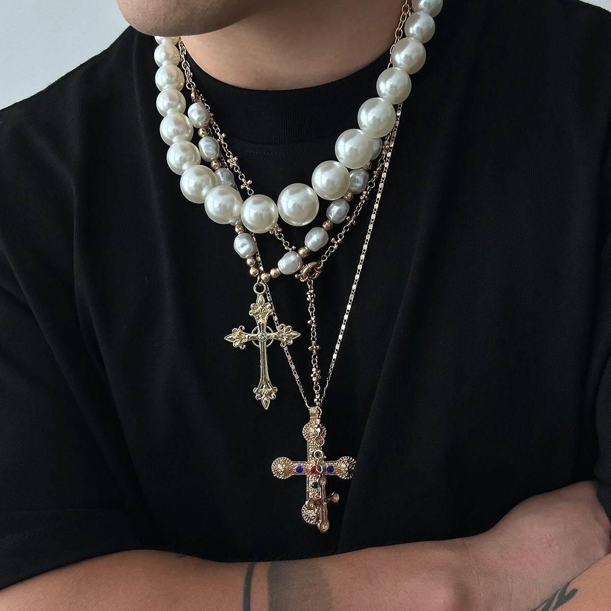 Ingemark 3 Styles Creative Big Imitation Pearl Beads Chain Necklace for Men Hip Hop Jesus Cross Pendant Choker Male Jewelry Gift