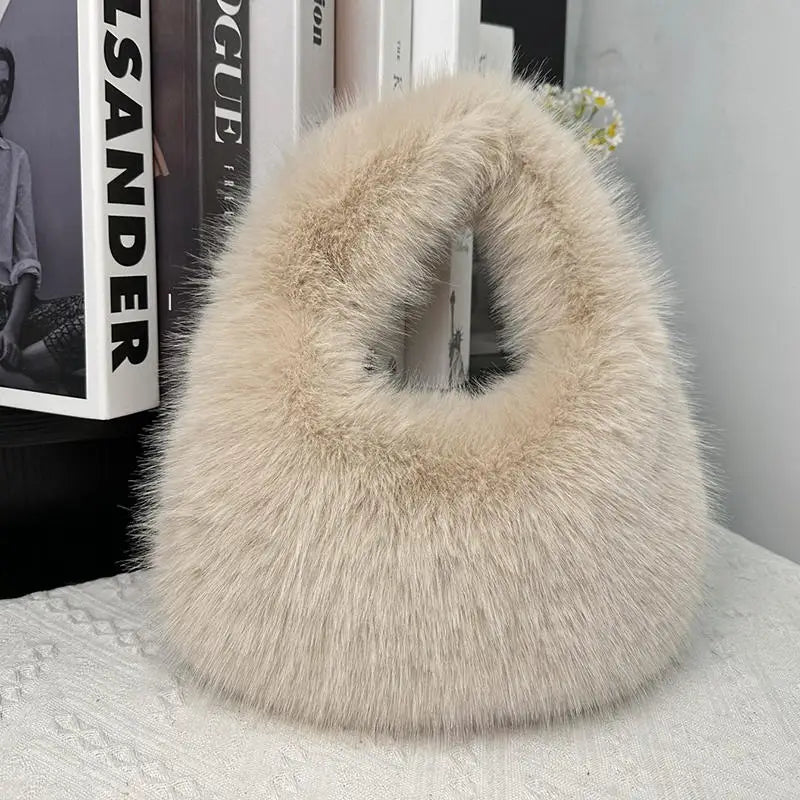 Winter Soft Plush Half Moon Bag Faux Fur Party Clutch Bag Lady Handbags Fluffy Female Winter Purse Casual Tote Bag Fashional Bag