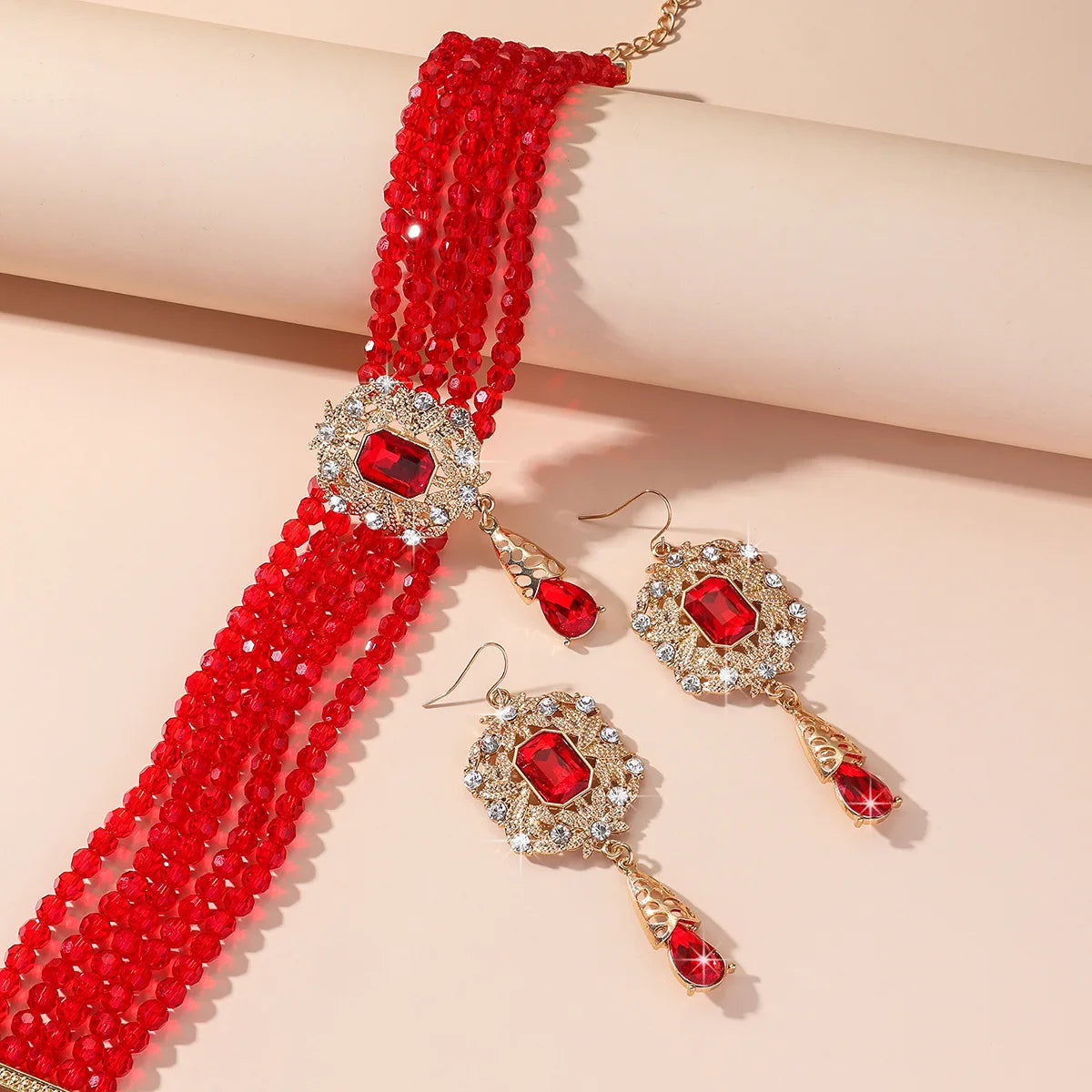 FYUAN Multilayer Green Red Blue Black Crystal Necklace Geometric Hollow Alloy Earrings For Women Weddings Banquet Jewelry Sets