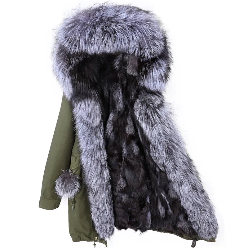 Maomaokong Winter Women's Fur Jacket Long Outdoor Tops Real Fox Fur Collar Inner Fur Lining Parka Natural Silver Fox Women Coat