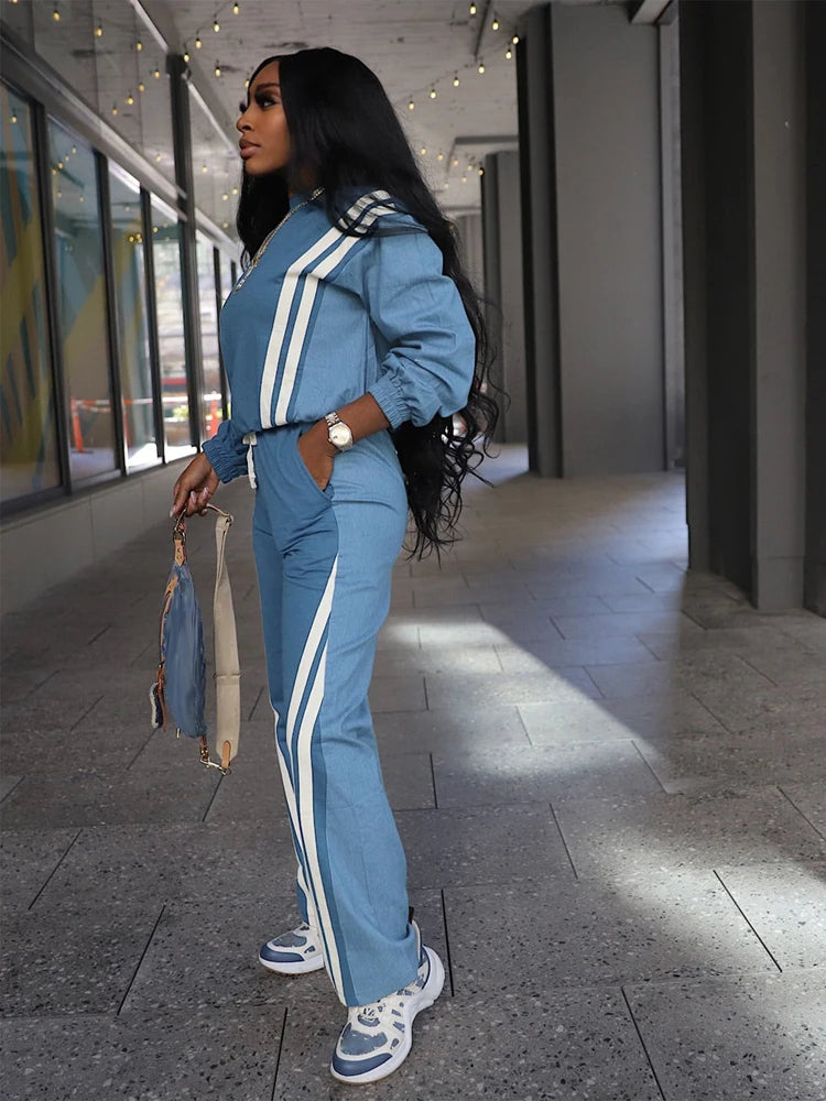 Sweatsuits for Woman 2025 Fall Sports Fashion Color Block Stripe Full Sleeve Sweatshirt and Drawstring Long Pants 2...