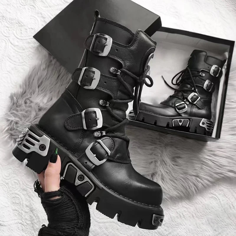 Men's Fashion Genuine Leather Motorcycle Boots Goth Skull Punk Boots New Unisex Mid-calf Cowboy Boots Metallic Combat...