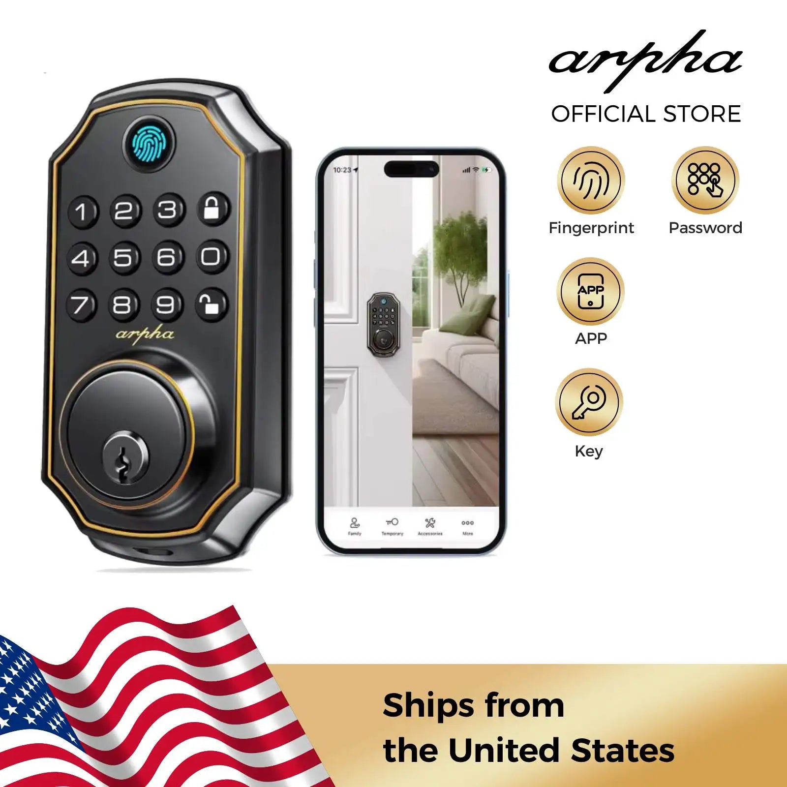 Arpha D280 Keyless Entry Door Lock 5-in-1 Smart Fingerprint Deadbolt with Keypad Electronic Deadbolt Auto-Lock One Touch Lock
