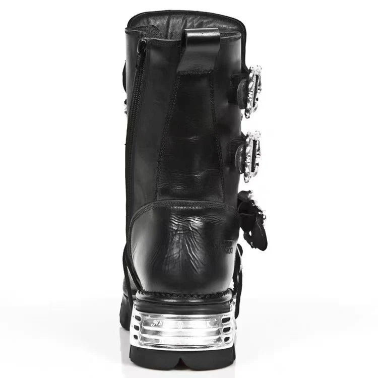 Men's Fashion Genuine Leather Motorcycle Boots Goth Skull Punk Boots New Unisex Mid-calf Cowboy Boots Metallic Combat...