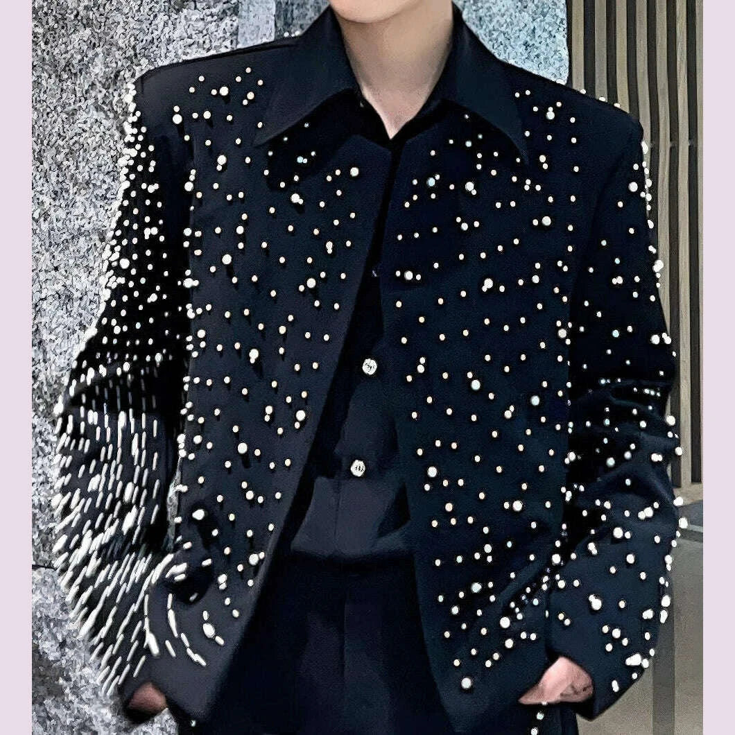 Men's 2025 Spring New Black Short Blazers Men's Niche Pearl Design Trendy High-end Tailored Coats Male Collarless Suit Jackets