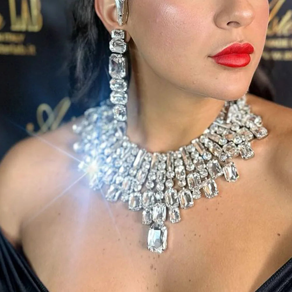 Stonefans Large Geometric Necklace Chain Adjustable Drag Queen Jewelry Bling Inlaid Statement Rhinestone Collar Choker Athestic
