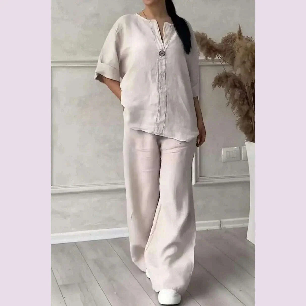 Women's Cotton and Linen Pants Suit Casual Solid Pullover Pants 2-piece Set White Pink Simple Wide Leg Pants Two Piece Set Suits