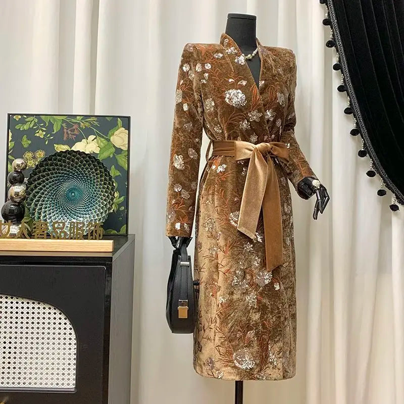Women Spring Autumn New Heavyweight Sequined Embroidered Jacquard Coat Brown Velvet Stand-Collar Slim Fit Trench Coat Top