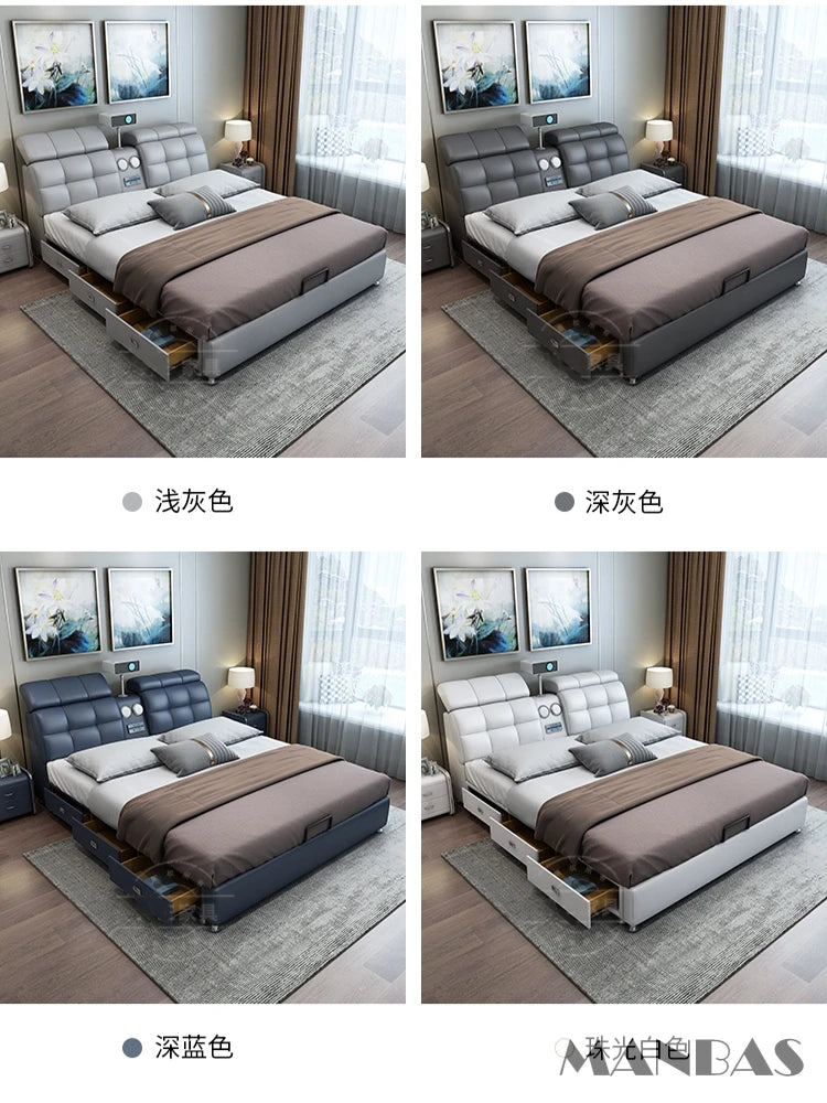 Linlamlim Ultimate Tech Smart Bed - Multifunctional Bedframe with Genuine Leather and Bluetooth Speaker, Drawers,...