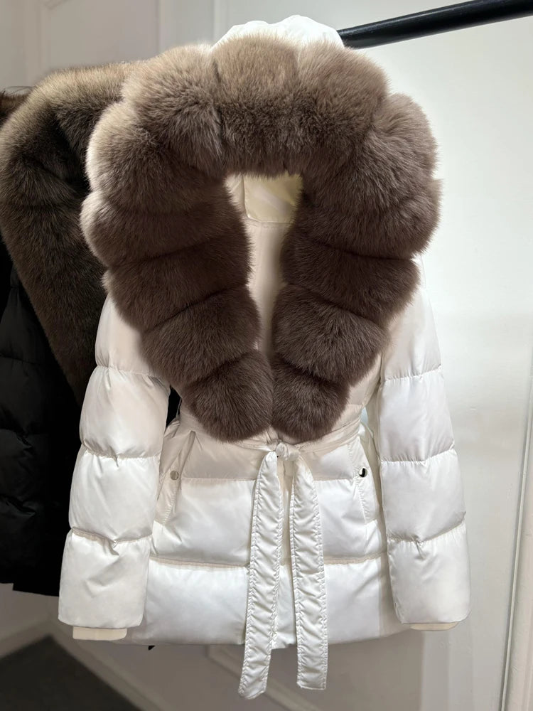 2025 New Natural Thick Warm 90% White Goose Down Coat Long Winter Jacket Women Real Big Fox Fur Collar Belt Loose Puffer Parka