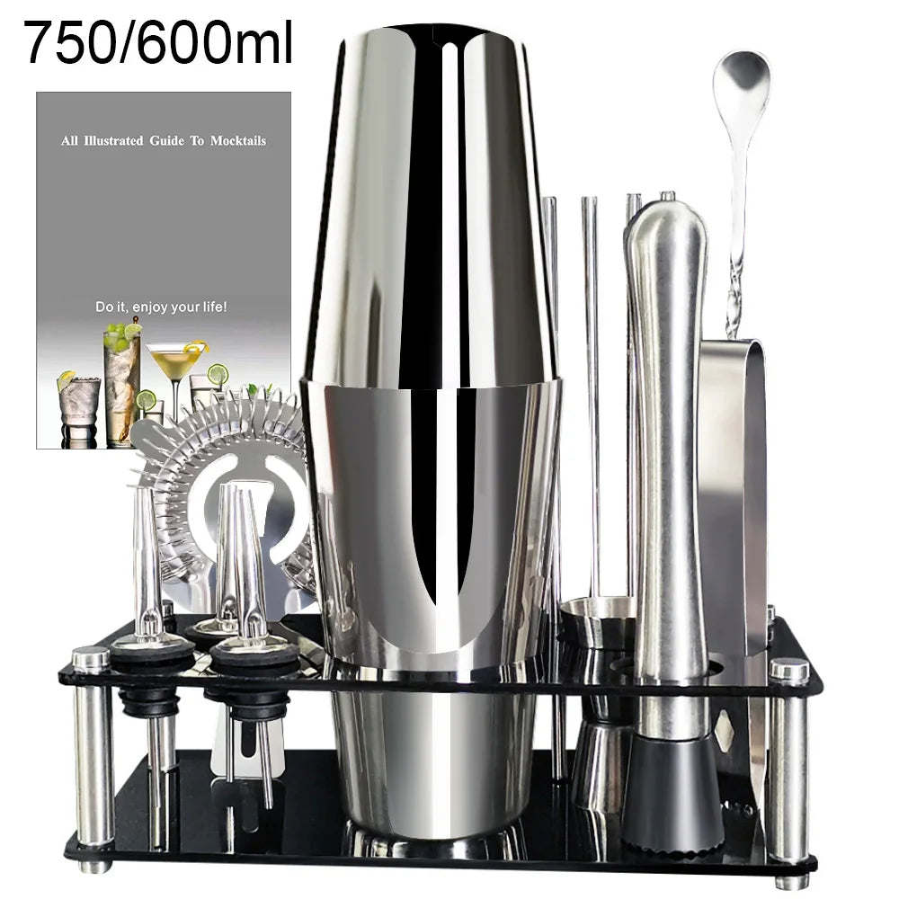 13 Piece 750ml 600ml Cocktail Shaker Set Stainless Steel Bar Tools with Black Stand, 750ml Shaker, Jigger, Spoon, Pourers