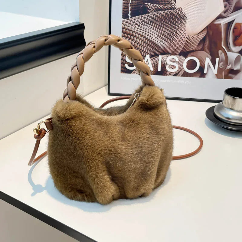 Fluffy Texture Vwrastile Crossbody Bag Women Winter Fashion Furry Bucket Bag with Braided Leisure Handle Shoulder Storage Bags