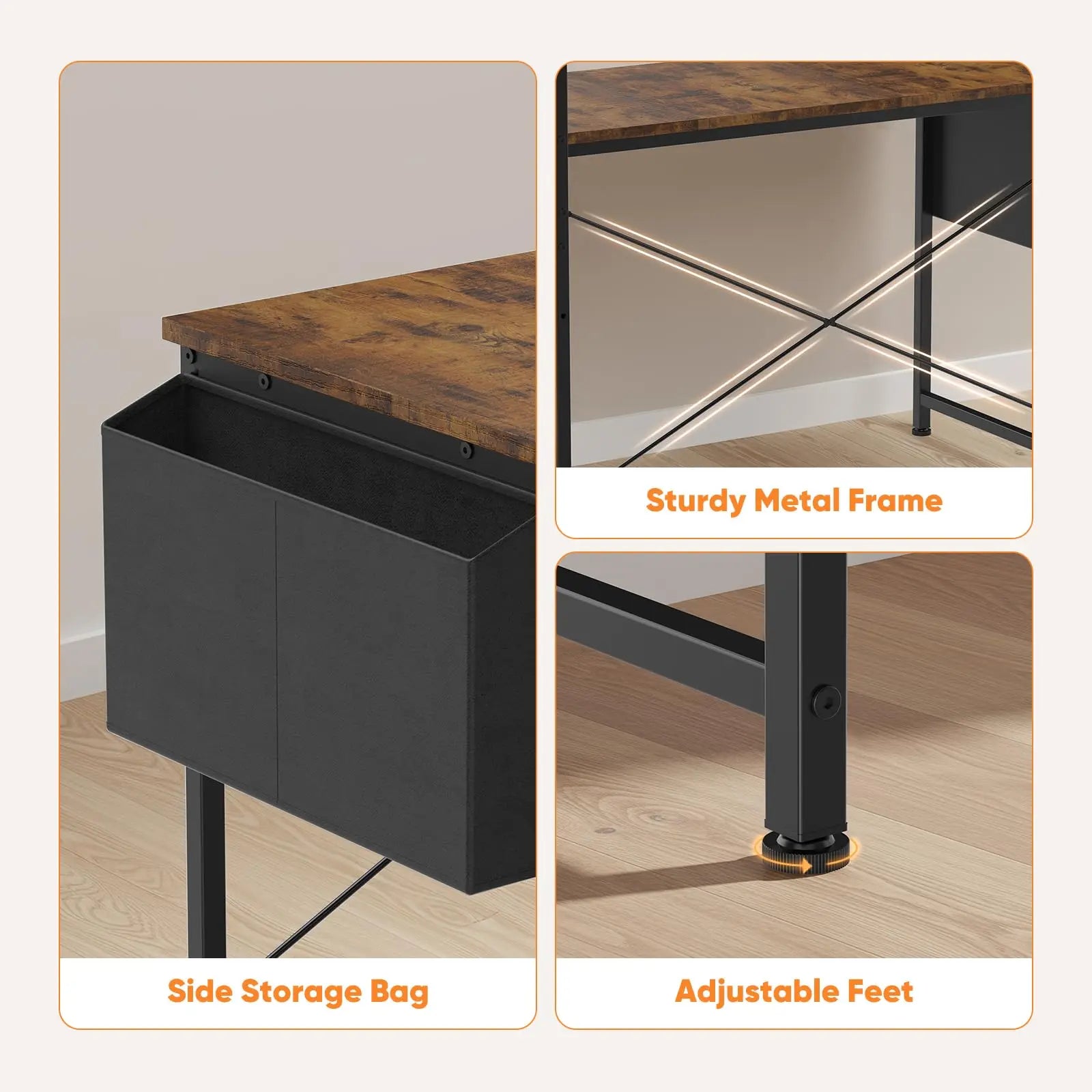 JHK 47 Inch L Shaped Desk with Storage Shelf Computer Table Gaming Wood Tables with Side Bag Adjustable Feet for Home Office