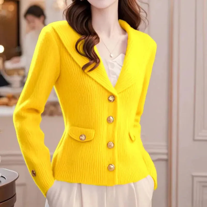 Autumn/Winter Flip Collar Korean Women's Knitting Cardigan Sweater Jacket Long Sleeve Versatile Ladies Sweater Coat JJ407