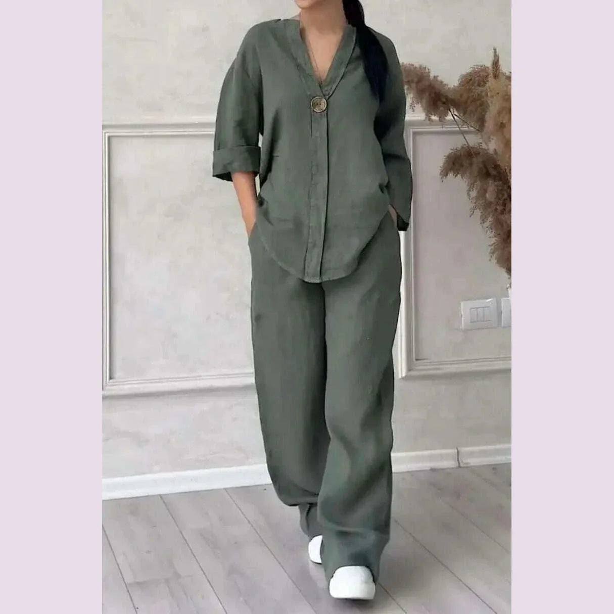 Women's Cotton and Linen Pants Suit Casual Solid Pullover Pants 2-piece Set White Pink Simple Wide Leg Pants Two Piece Set Suits