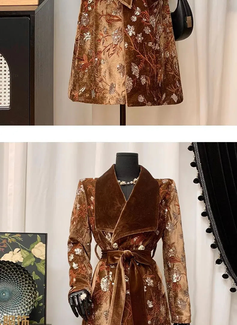 Luxury Design Women's Clothing Lapel Trench Coat Belt Sequin Embroidery Long Trench Coat High Quality Vintage Harajuku Outerwear