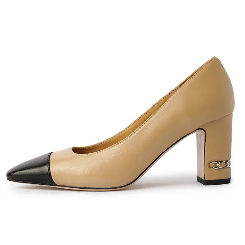 MKKHOU Fashion Shoes New High Quality Genuine Leather Shoes Color blocked Round Head Shallow Mouth High Heels Women's Shoes - Kimlud