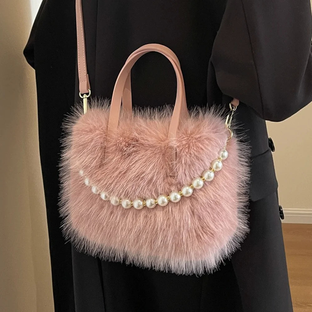 Fairy Handbag Pearl Chain Plush Small Square Bag For Women Fashion Elegant Shoulder Crossbody Bag Autumn Winter Versatile Totes