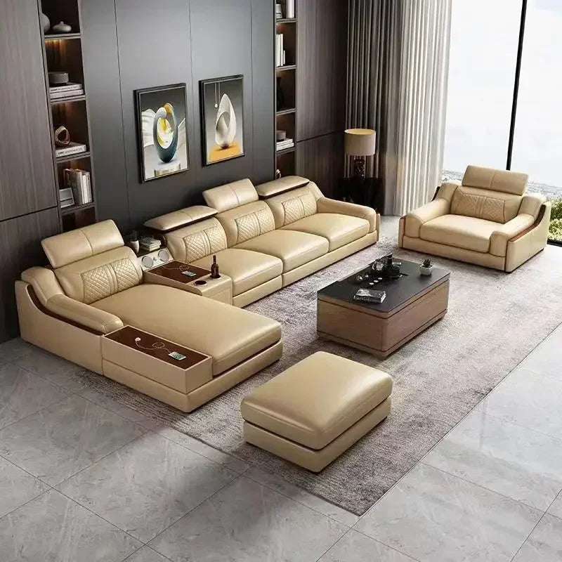 Stylish Italian Genuine Leather Sofa for Living Room with Cup Holder, USB, Adjustable Headrests & Bluetooth Speaker -...