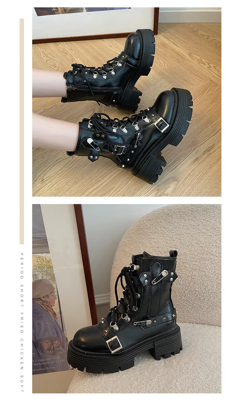 2024 NEW Punk Style Women Boots Lace-up heel height Platform Shoes Woman Gothic Ankle Rock Boots Metal Decor Woman Sneakers