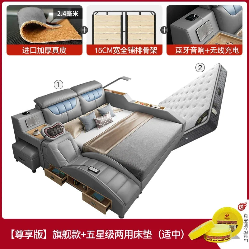 Vintage Modern House Double Bed Luxury Leather Massager Storage Italian Bed Multifunctional Regale Muebles Unique Furniture