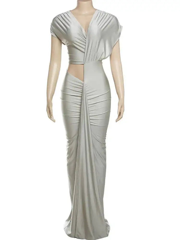 Irregular Hollow Dress Women Ruched Diagonal Collar Shorts Sleeve Waistless Slits Street Trend Elegant Long Bodycon 0V01