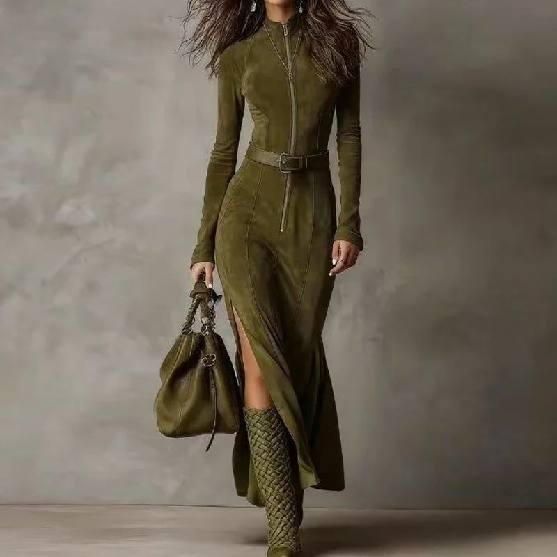 Stand Collar Zipper Patchwork Maxi Dress, Spring Autumn Women Long Sleeve Chic Party Dress, Elegant Simple Ladies Dress Vestidos