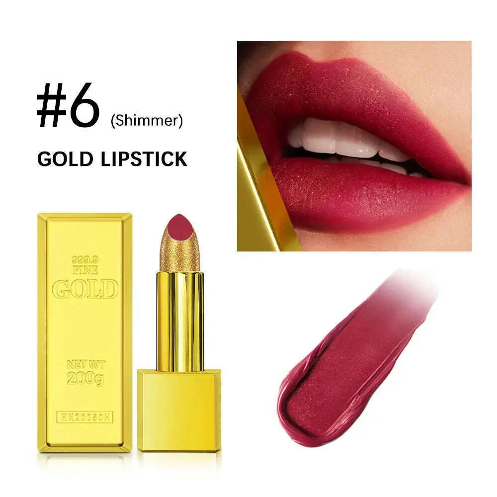 Shimmer Gold Lipstick Metallic Glitter Sexy Lipsticks Long Lasting Batom Waterproof Cosmetic Gold Brick Tube Design Gift 3.5g